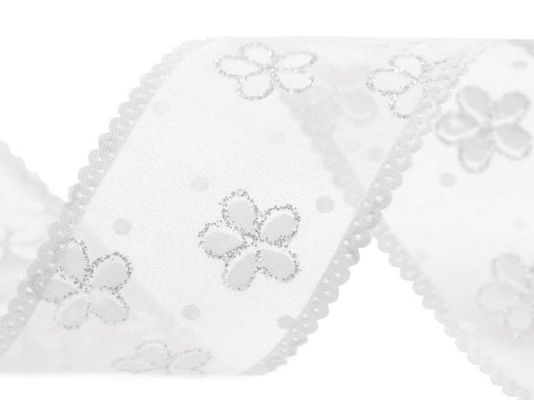 Organzaband mit Blumen und Glitzer weiß Breite 40mm